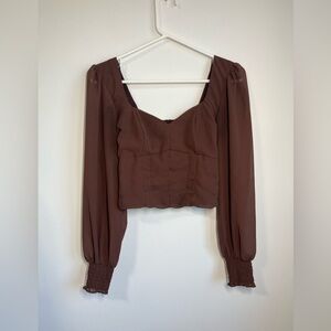 Abercrombie & Fitch Long Sleeve Sweatheart Puff Sleeve Top Brown Smocked